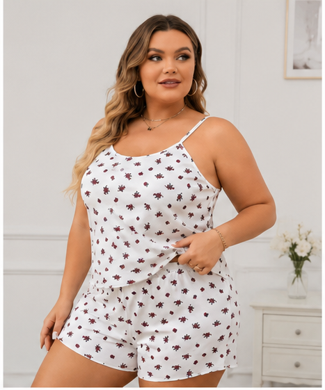 Women’s White Printed Night Suit Set – Sleeveless Top & Shorts | Geometric Sleepwear