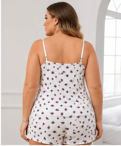 Women’s White Printed Night Suit Set – Sleeveless Top & Shorts | Geometric Sleepwear
