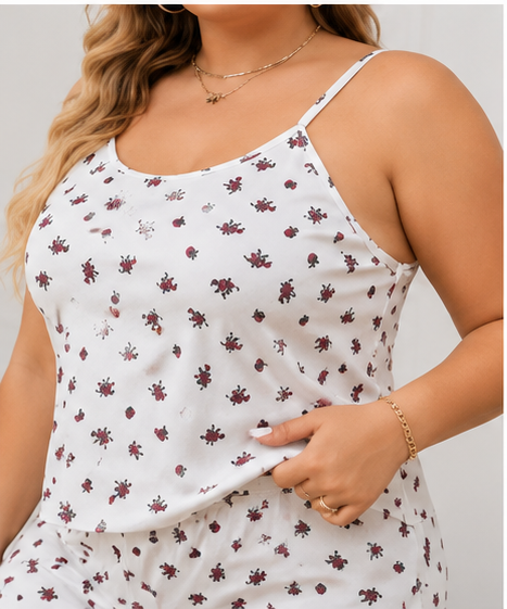 Women’s White Printed Night Suit Set – Sleeveless Top & Shorts | Geometric Sleepwear