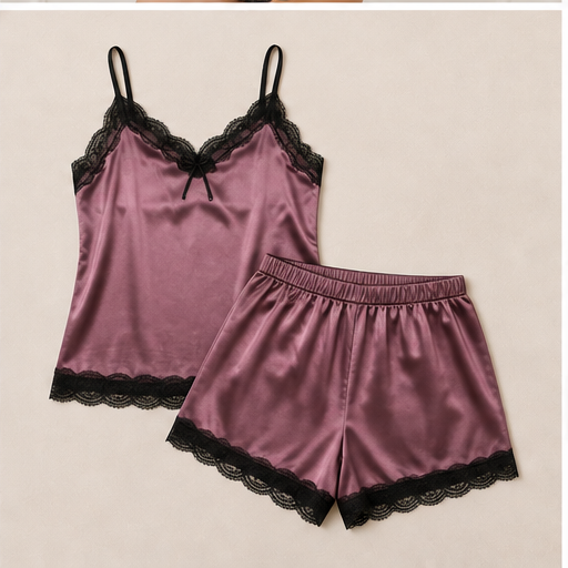 Women’s Pink Satin Lace Night Suit Set – Sleeveless Cami Top & Shorts