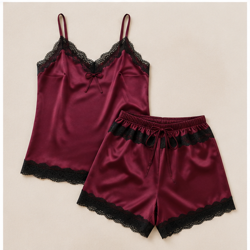 Women’s Maroon Satin Night Suit Set – Sleeveless Top & Shorts | Soft Sleepwear